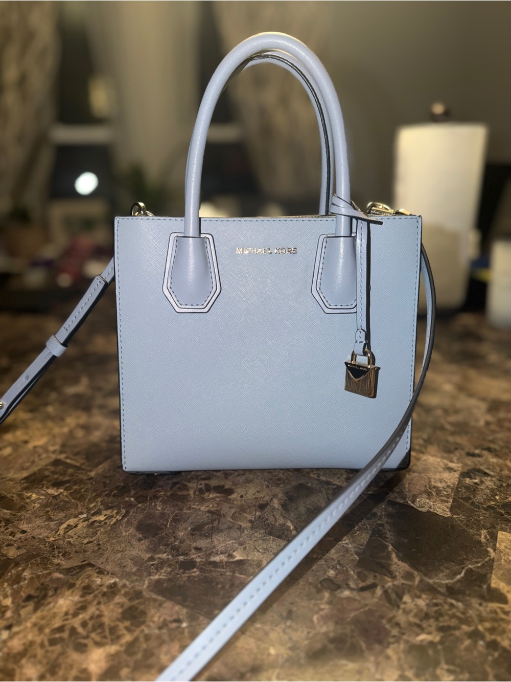 Michael Kors Light Blue Saffiano Leather Satchel Crossbody Gold Hardware